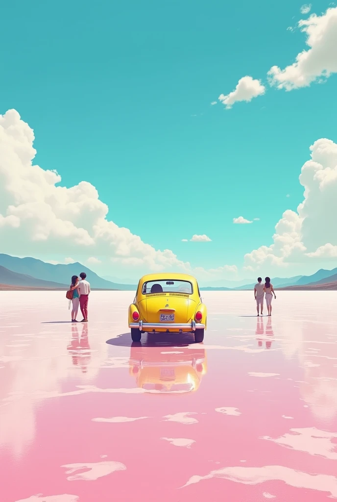 A minimalistic movie poster, yellow car full to roof driving on pink salt lake towards camera with sky above and clouds, small group standing out side of frame hugging each other , symmetrical, pastel colours, bright blue sky, simple art style, high resolution, high detail, vector illustration, 35mm film look, wide angle shot, neon lighting, surrealism, dreamy lofi photography,