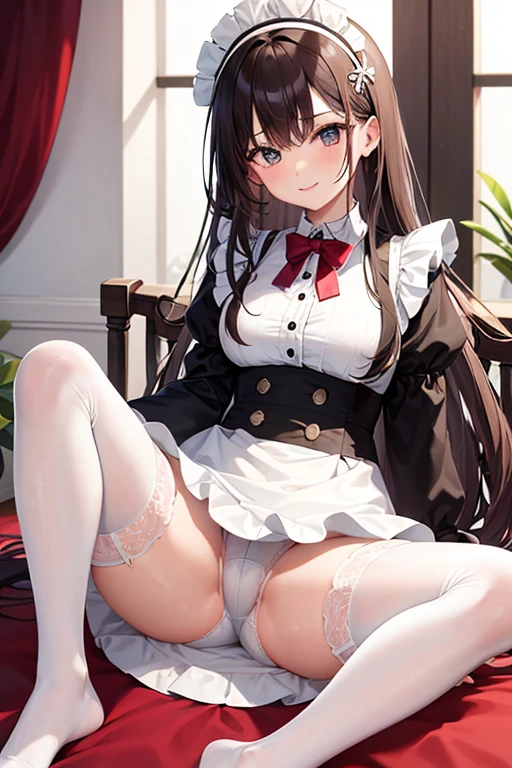 Highest quality, masterpiece, Adult women,8 heads,Long sleeve maid outfit,Without skirt,Brown Hair,Long Hair,Bedroom,Sit in the corner of the bed,Spread your legs、Leg spread,White tights,White garter belt,White shorts,I can see your pants,A seductive smile, Plump thighs