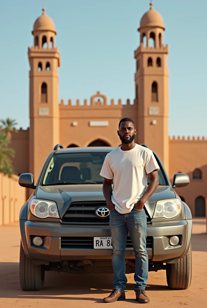 Généré une image d'un jeune nigérien Agadezien habillé en T-shirt et jean avec une barbe légère avec un poids de 95kg de taille 1m88 a côté d'un véhicule RAV d'année 2007 devant la mosquée d'Agadez