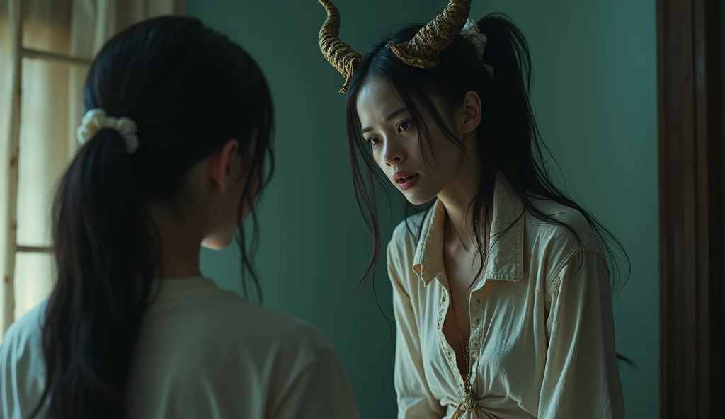 An Asian woman was frightened when she saw the appearance of a female ghost dressed in shabby clothes and horns in the corner of her room,realistic