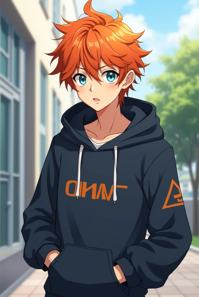 Boy with orange hair cool hoodie high school student Mature Handsome anime