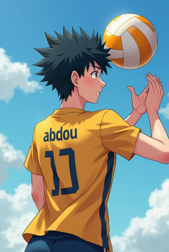 A young man playing volleyball, his face resembles Saitama with Sasuke's hair, his shirt has 'abdou' written on the back.