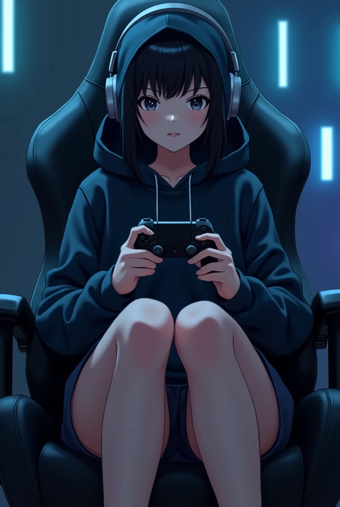 Realistic anime Style. A asian girl tall in her twenties with black hair, black eyes, black hood covering her head and headphones on her. The girl is barefoot. The girl's feet are on the gamer chair. In her right hand is the back of a PlayStation controller.. The background is a darkened gamer room, with low intensity light blue LED lights. The girl is sitting on a gamer chair. Five fingers