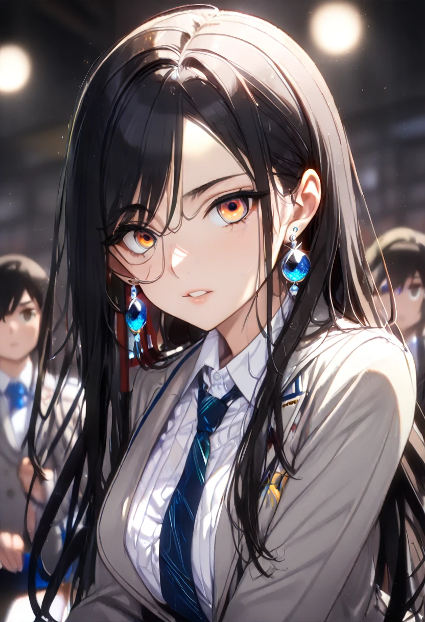 (((完美shape，shape，alone， (((High School Uniform、Grey jacket、Pleated skirt、White blouse、tie、Earrings)))，(((one piece、Boa Hancock, Hancock, Black Hair, Brown eyes, Long Hair)))，((masterpiece)),High resolution, ((Best quality at best))，cute、Beauty、masterpiece，quality，Best quality，((( Exquisite facial features，Looking at the audience,There is light in the eyes，(((Cool look)))，)))，型shape:1.7)))，(((Light and shadow，Huge breasts)))，(((Looking into the camera)))、(((The background is a school classroom)))、(NSFW:1.4)、White string panties、Low - Angle
