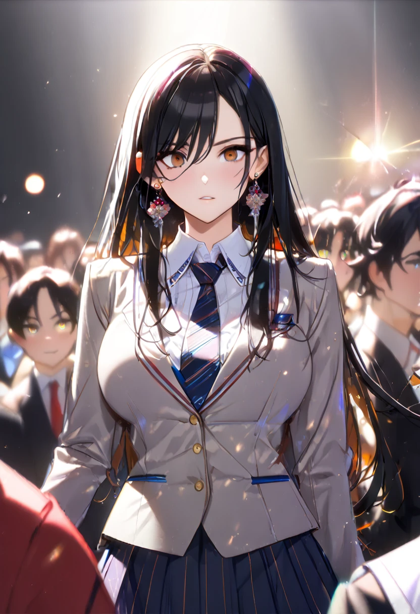 (((完美shape，shape，alone， (((High School Uniform、Grey jacket、Pleated skirt、White blouse、tie、Earrings)))，(((one piece、Boa Hancock, Hancock, Black Hair, Brown eyes, Long Hair)))，((masterpiece)),High resolution, ((Best quality at best))，cute、Beauty、masterpiece，quality，Best quality，((( Exquisite facial features，Looking at the audience,There is light in the eyes，(((Cool look)))，)))，型shape:1.7)))，(((Light and shadow，Huge breasts)))，(((Looking into the camera)))、(((The background is a school classroom)))、(NSFW:1.4)、White string panties、Low - Angle
