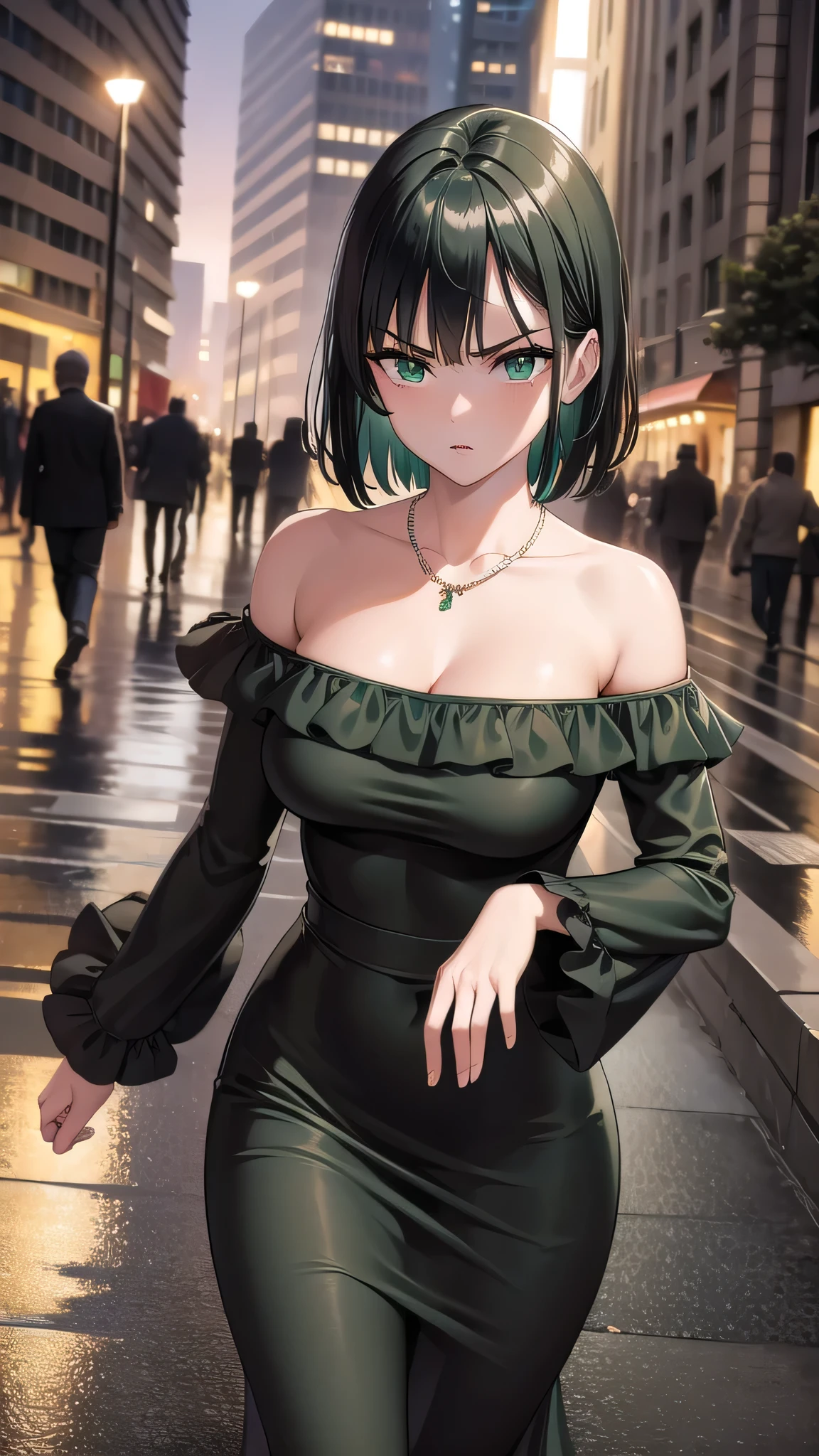 BREAK (masterpiece:1.2), best quality, high resolution, unity 8k wallpaper, (illustration:0.8), (beautiful detailed eyes:1.6), extremely detailed face, perfect lighting, extremely detailed CG, (perfect hands, perfect anatomy),city,street,wet road,reflections, buildings,night,fubuki, black hair, (green eyes:1.5), short hair,
black dress, dress, fur coat, high collar, jewelry, necklace, off shoulder, taut clothes, taut dress,