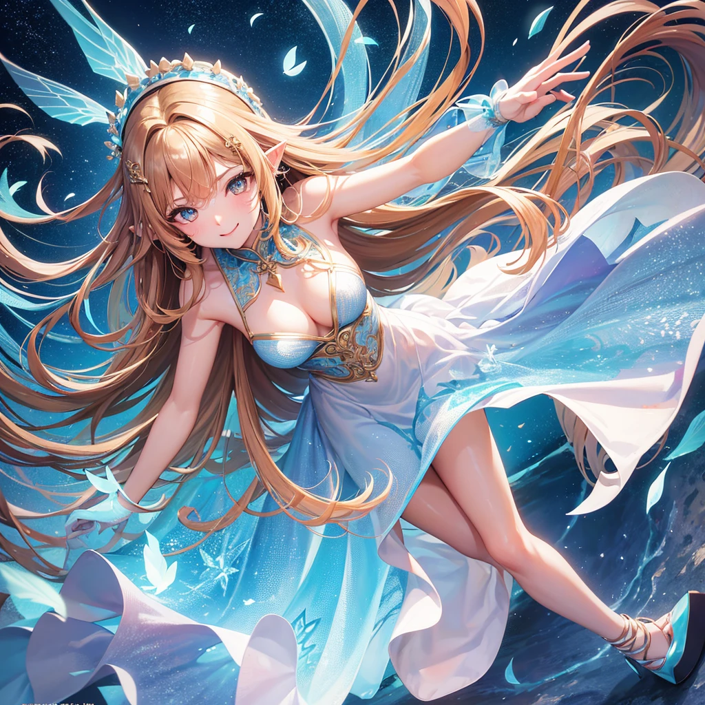 A beautiful 20 years old girl walking in a field of flowers, blue sky with white clouds, artistic fairy costume green mini dress, low-cut and sleeveless dress, crystal high heels, defined hands and legs, full body, looks like a sexy model, a pair of translucent wings, butterflies around, big rounds breasts, cleavage, high heels, dark brown hair, long hair, wavy hair, long bangs, expressive hair, shiny hair, hairclip, hairband, leaf hair ornament, aqua eyes, glowing eyes, pupils sparkling, blush, glossy lips, crystal earrings, pointy ears, smile, fingersmile, seductive smile, naughty face, Color Field painting, high detail, anime, dithering, image fill, first-person view, wide shot, from above, perspective, Wide-Angle, f/1.8, 85mm, Sony FE GM, 8k, 8k wallpaper, super detail, highly detailed CG, UHD, retina, masterpiece, accurate, anatomically correct, textured skin, highres, best quality:1.3, 16k