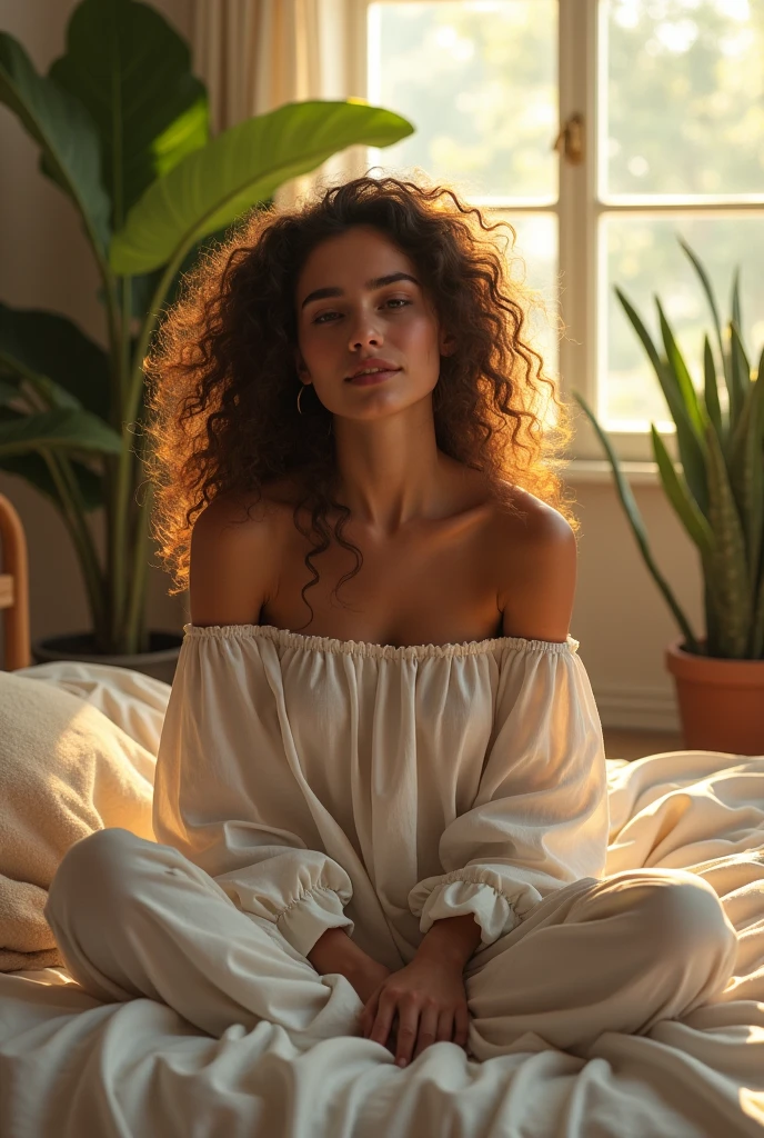 (photorealism:1.2), beautiful woman, sitting on bed, wearing loose off-shoulder top, pajama pants, long curly hair, indoors, soft lighting, plants in background, window with sunlight, cozy room, relaxed pose, realistic, intricate details, warm colors, by Greg Rutkowski, by Alphonse Mucha