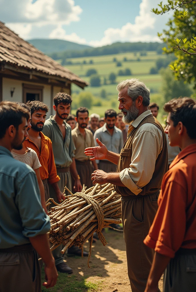 Give me a picture on the screen Then the farmer said, "Now, untie the bundle and take one stick each."