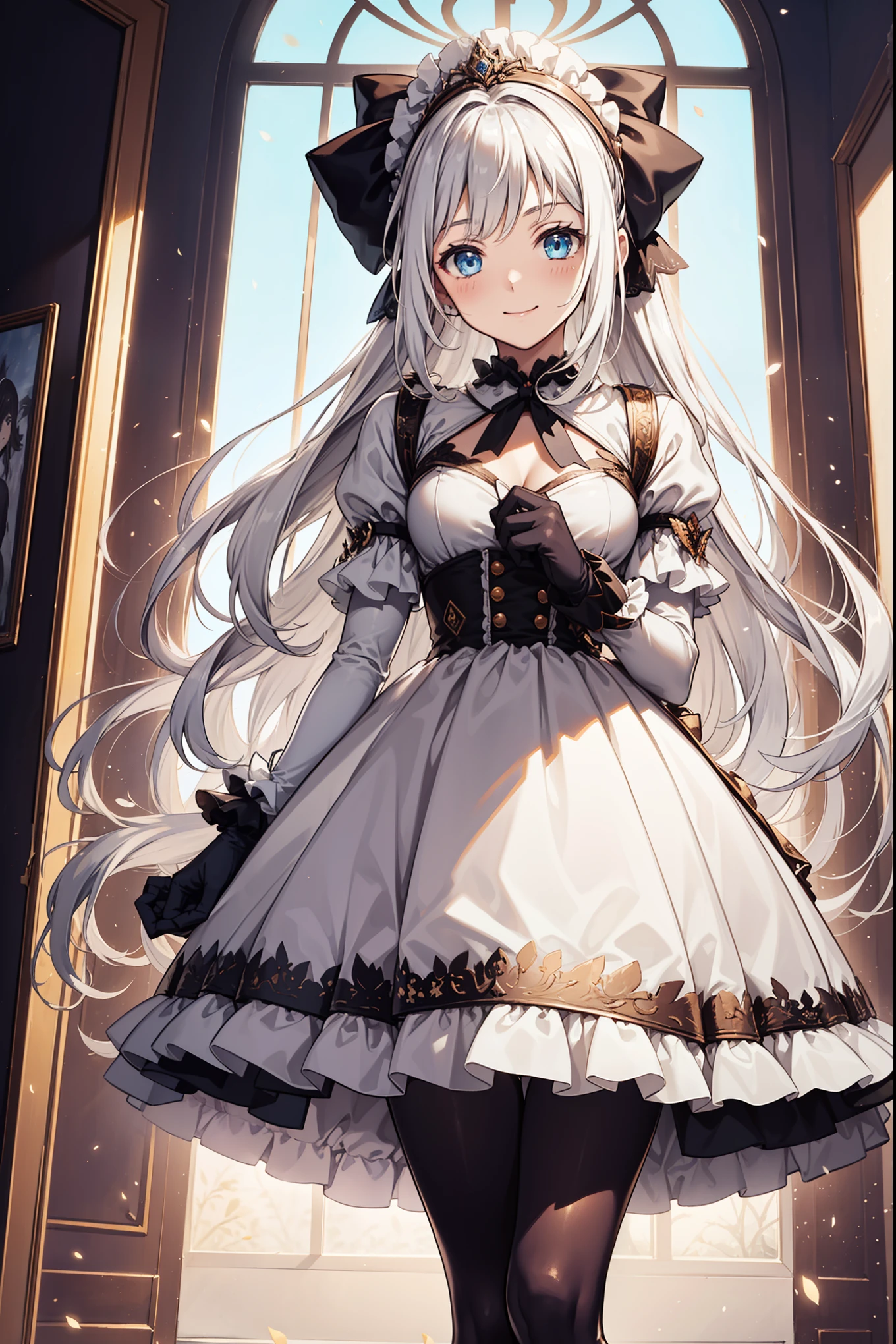 Girl,Attractions,Having fun,in love,(Girl in white modern shirt and tunic and pantyhose:1.2),(White ruffled bow gloves),White hair,Blue eyes,Sacred headdress,Transparent lace,Beautifully dressed,Alone,European style bedroom,(night:1.1),Delicate and beautiful face,
