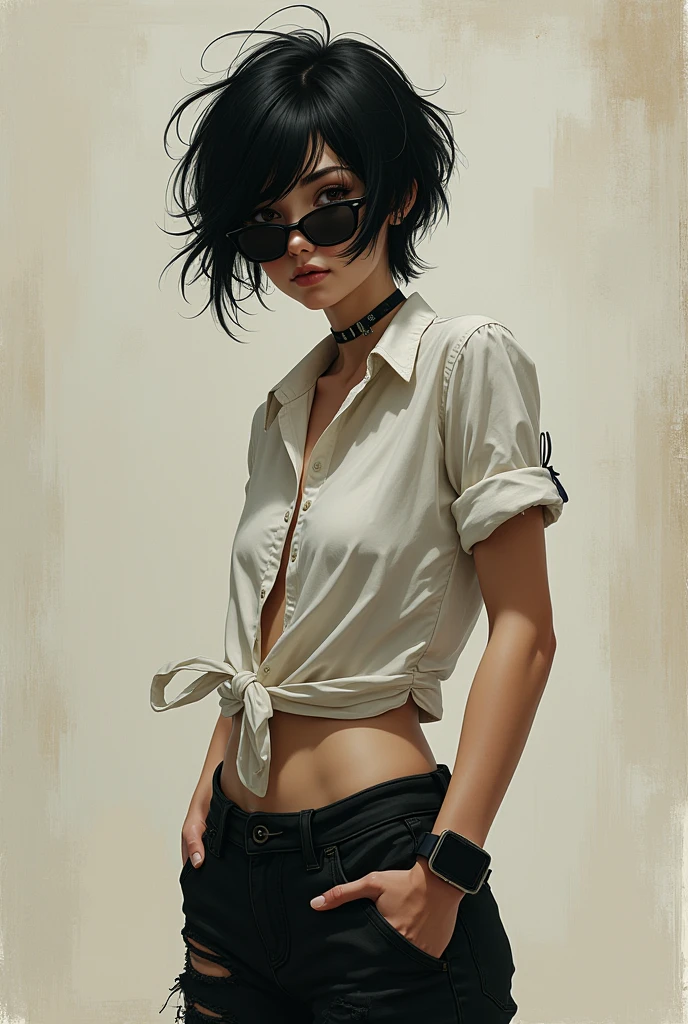 A girl with thin appearance, watch in hand, white shirt, half unbuttoned shirt, unbuttoned shirt sleeves, torn black pants, big hair black sunglasses with mustache eyes,  about 17