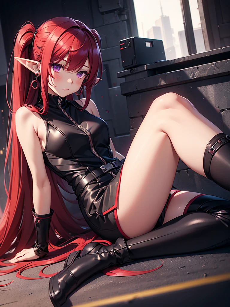 a girl，Elf，Long red hair，long twintails，Purple Eyes，blush，earrings，Black sleeveless jumpsuit，Super detailed zipper，Black arm cover，Red dress，Black knee-length socks，Black ankle boots，lying down，Rendering，optimal