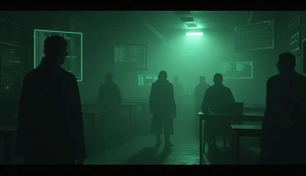 Human flesh eating Cafe Representation: A disturbing and shadowy digital space within the dark web. The image depicts a virtual environment that feels eerie and unsettling, with a faint green light illuminating dark, indistinct shapes or symbols that hint at the human flesh eating Cafe. The overall feel is one of unease, with the dark web's dangerous side subtly suggested through shadowy figures and encrypted codes floating in the background.