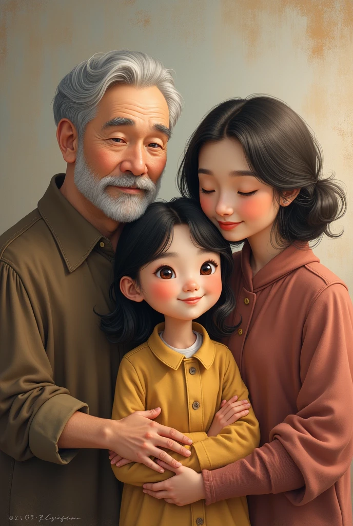 A grown girl beetwen her grandparents, an old painting vibe, the grandpa should have grey hair without beard, and 64yr old, the grandma should have black hair, a 58yr old.