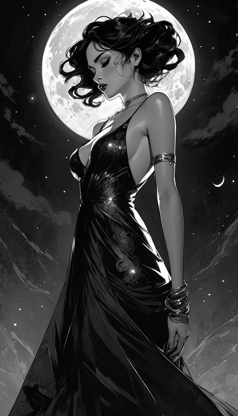 some sexy, dark, queen of hell, loneliness, magic, magic, fantastic, night sky, moon, stars, background, , tmari, sketch, traditional media, pen drawing, white background chiaroscuro, sensual, dramatic lighting, moody atmosphere, photorealistic, intricate details, masterpiece, ultra-detailed, high quality, 8k, best quality, realistic, cinematic, dark and brooding, expressionistic, powerful composition, emotional impact, Bill Sienkiewicz inspired art
