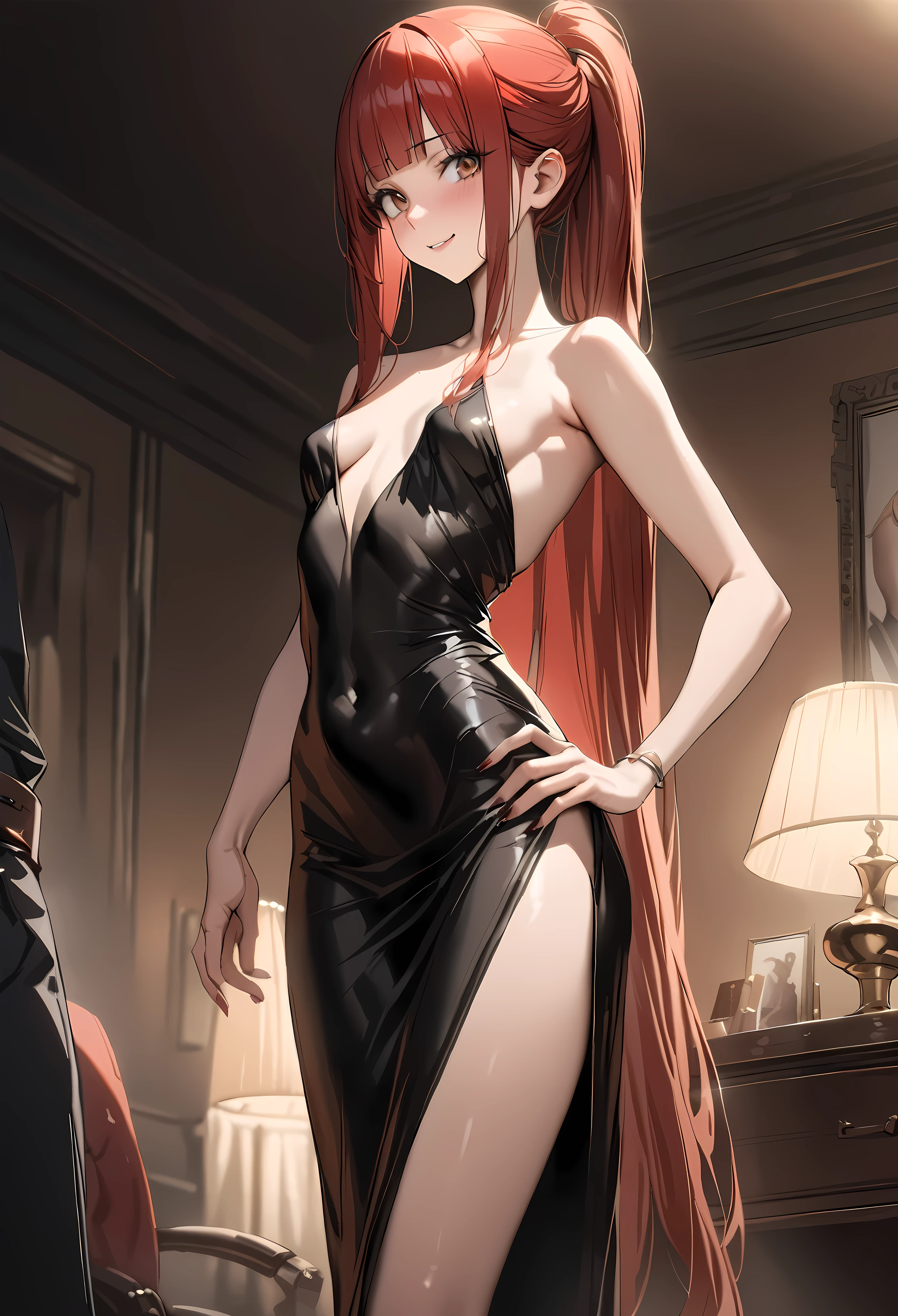 ((masterpiece,best quality anime,Highest quality:1.3)),realistic,,cowboy shot,(30 year old beauty), gunslinger ,1woman,solo,((very small head:1.4)),((very long body:1.3)),red hair,bangs,straight long ponytail hair,gorgeous big eyes,brown eyes,smile,Black Party Dress,black_thighhighs),((slender body:1.3,skinny)),small breasts,gleaming skin,shiny skin,Luxury hotel party、The World of Westerns、