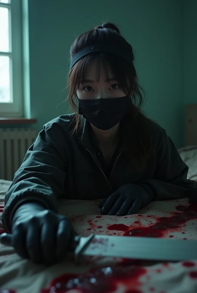 korean girl, (behind multiple corpse, holding knife), black surgical mask, black gloves, room full of blood, black raincoat, trucker hat, holding knife, black gloves, woman on top, behind multiple corpse, blood splatter, on the bed, looking at viewer, mass murderer, killer, low pony tail, blood splatter, dark atmosphere, cinematic lighting, atmospheric realistic, light from the window, close-up,
