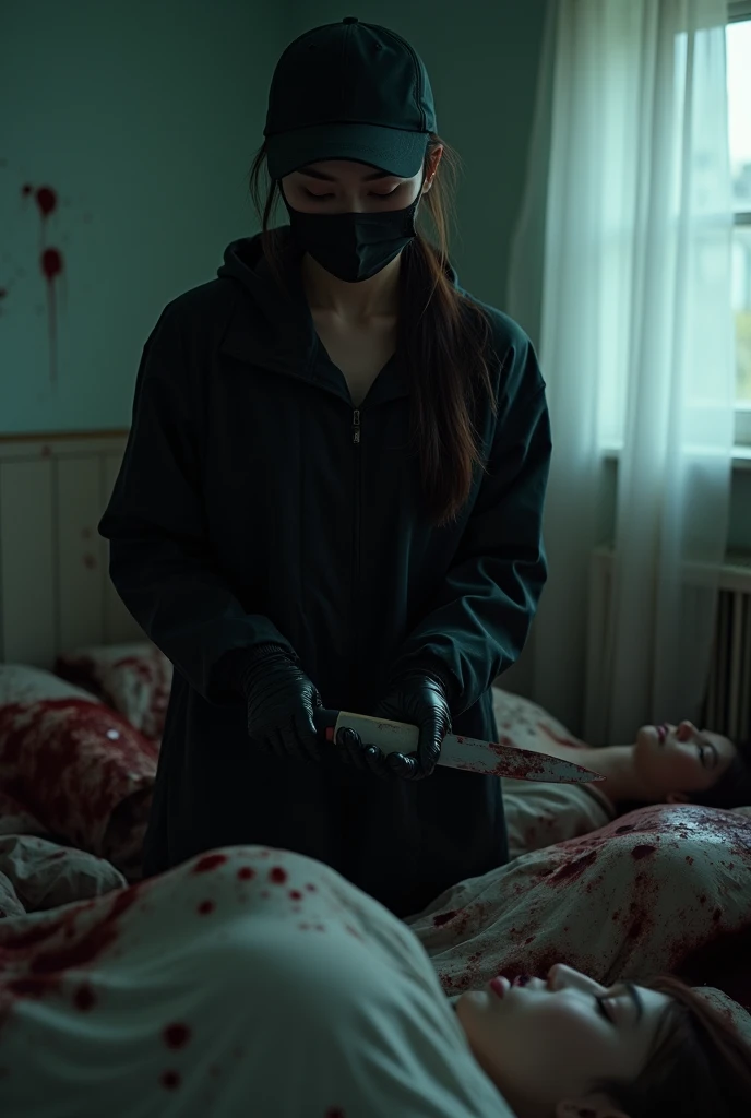 korean girl, (behind multiple corpse, holding knife), black surgical mask, black gloves, room full of blood, black raincoat, trucker hat, holding knife, black gloves, woman on top, behind multiple corpse, blood splatter, on the bed, looking at viewer, mass murderer, killer, low pony tail, blood splatter, dark atmosphere, cinematic lighting, atmospheric realistic, light from the window, close-up,