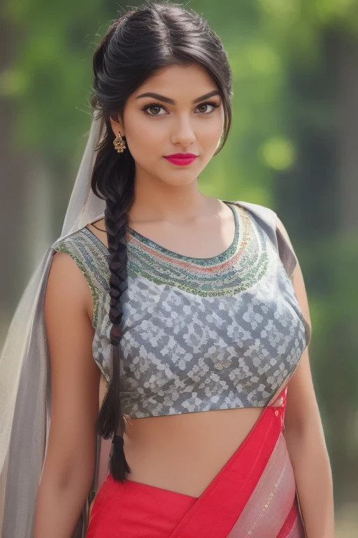 (best quality,4k,8k,highres,masterpiece:1.2),ultra-detailed,(realistic,photorealistic,photo-realistic:1.37) perfect pink eyes, fantastic face, Indian, beautiful look, ((red lips, bright eyes, curve heir 1.5)), (Straight round and ultra huge clevage, not sagging breast), A glorious gorgeous, glorious gorgeous face, pretty face, bright eyes, detailed elegant printed ancient saree and blouse, updo elegant hair, blurred gray tones background, ultra focus, face ilumined, face detailed, 8k resolution, painted, dry brush, brush strokes, razumov style and garmash style, by Tokaito, sexy woman, full body,double bun,double braids, school girl outfit, black hair,perfect eyes, cowboy shot, UHD, anatomically correct woman, no visible hands, photo realistic,relevant and detailed surroundings, vibrant colors, dramatic lighting