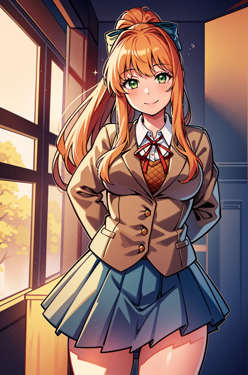 2d, masterpiece, best quality, anime, highly detailed, cowboy shot, 1girl, solo, monika, green eyes, very long hair, ponytail, school uniform, standing, leaning forward, arms behind back, smile, classroom 