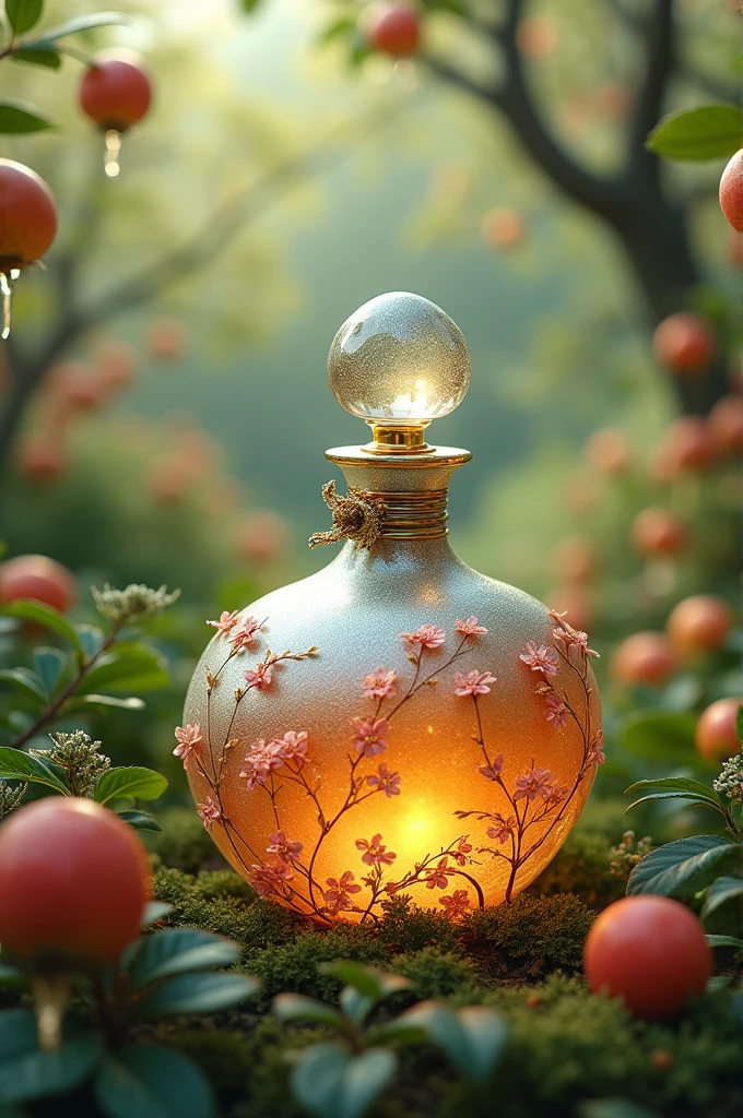 Perfume bottle universe design with sweet notes ,fruit trees , luxury and elegant bottle
