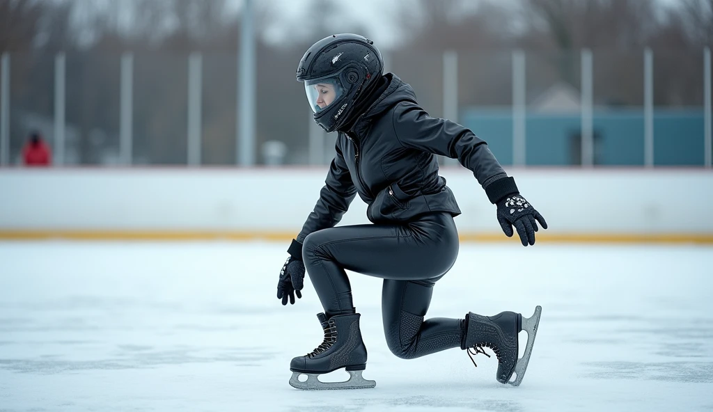 Female ice skater,Wearing a black leather jacket,A futuristic helmet,Slide sideways on one knee,individual,Hyperrealism,Wallpaper quality,Photography style,Shoot the side