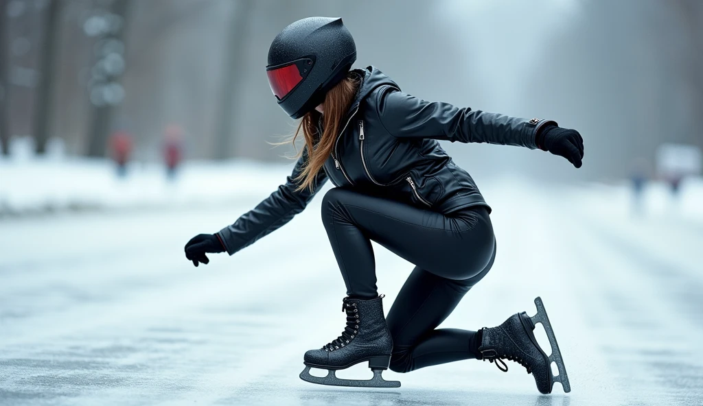 Female ice skater,Wearing a black leather jacket,A futuristic helmet,Slide sideways on one knee,individual,Hyperrealism,Wallpaper quality,Photography style,Shoot the side