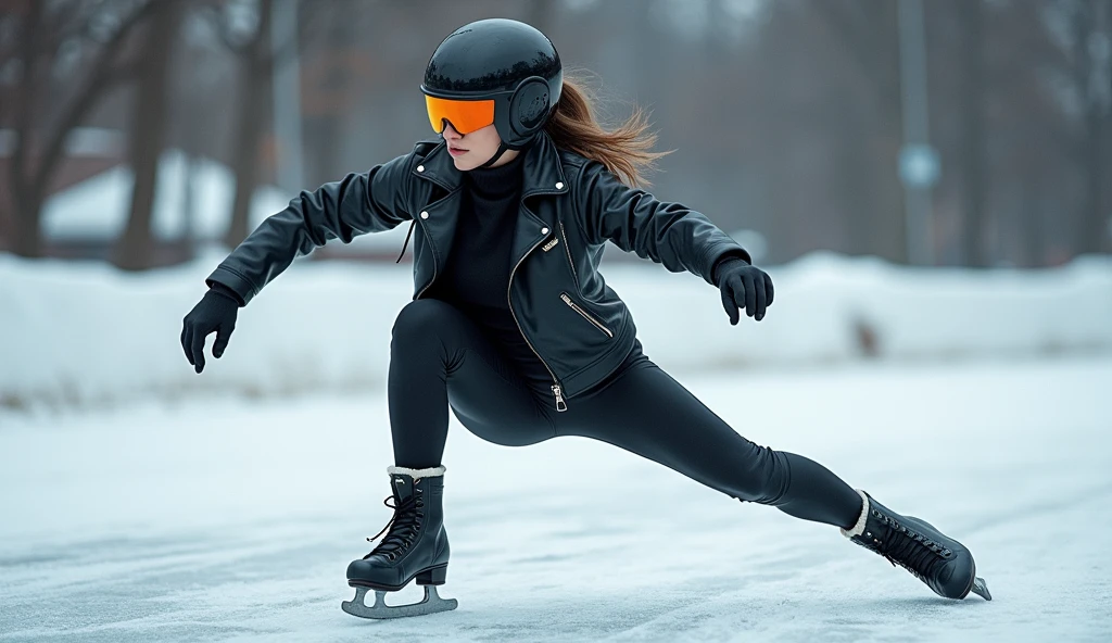 Female ice skater,Wearing a black leather jacket,A futuristic helmet,Slide sideways on one knee,individual,Hyperrealism,Wallpaper quality,Photography style,Shoot the side