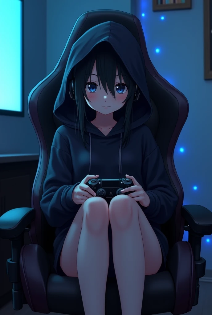 Realistic anime Style. A asian girl tall in her twenties with black hair, black eyes, black hood covering her head and headphones on her. The girl is barefoot. The girl's feet are on the gamer chair. In her right hand is the back of a PlayStation controller.. The background is a darkened gamer room, with low intensity light blue LED lights. The girl is sitting on a gamer chair. Five fingers
