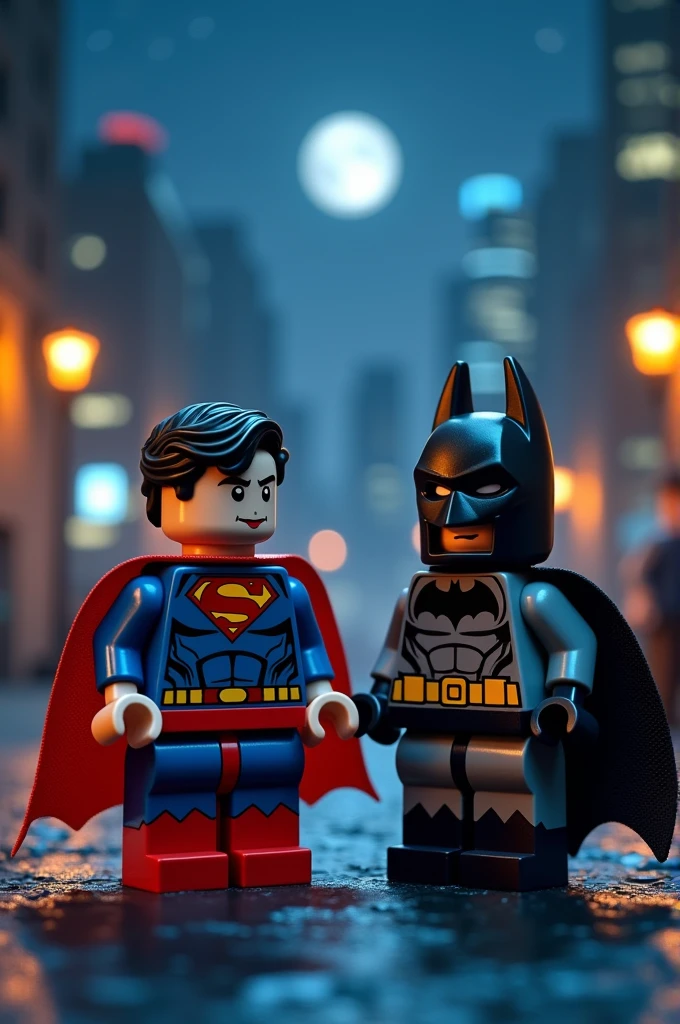Superman and Batman in lego art, night