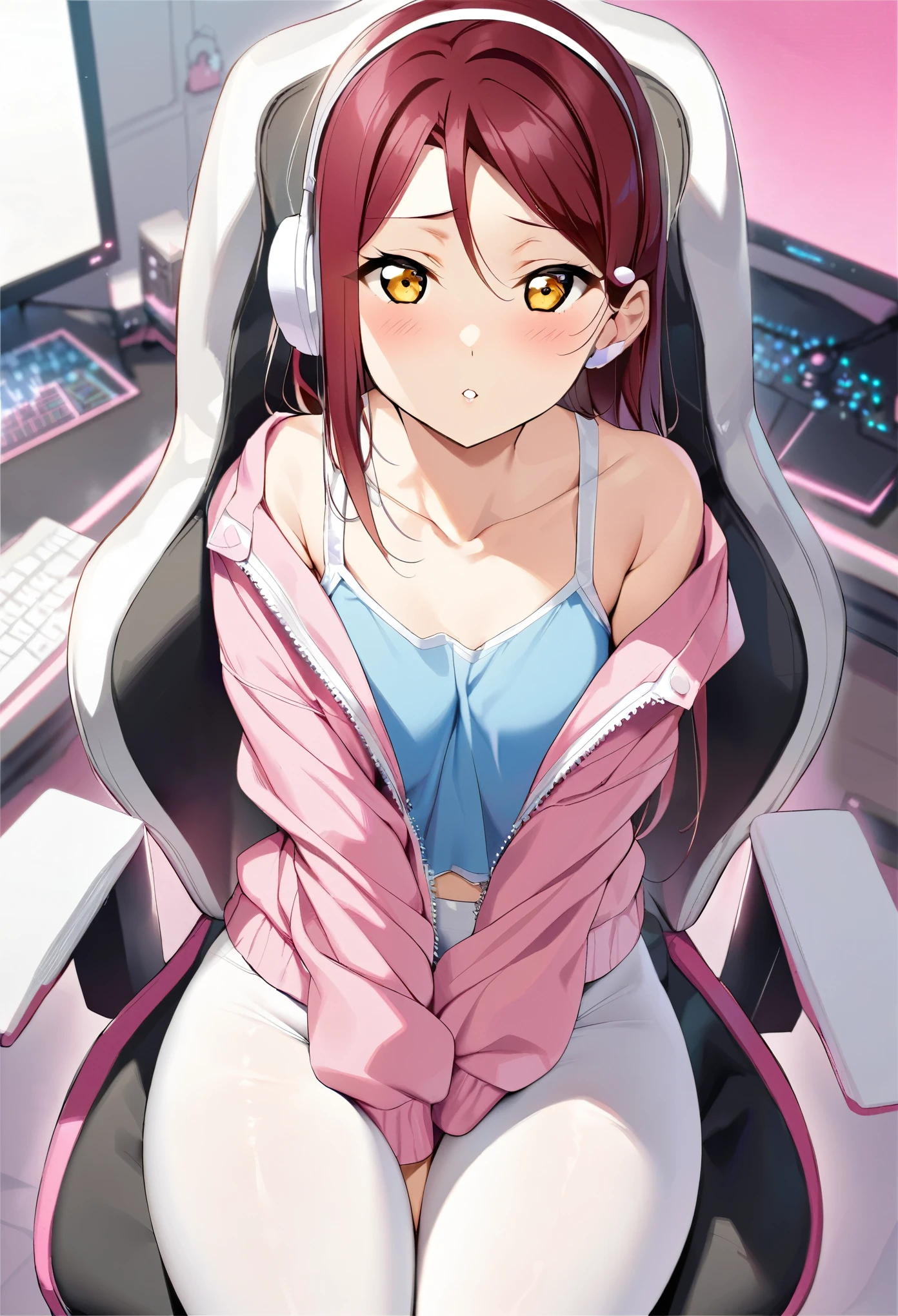 masterpiece, best quality,cowboy shot,collarbone, sakurauchi riko love live, yellow eyes, romantic,low white leggings,blue tank top,pink crop jacket, headphones,detailed face,sitting on gaming chair, looking at viewer