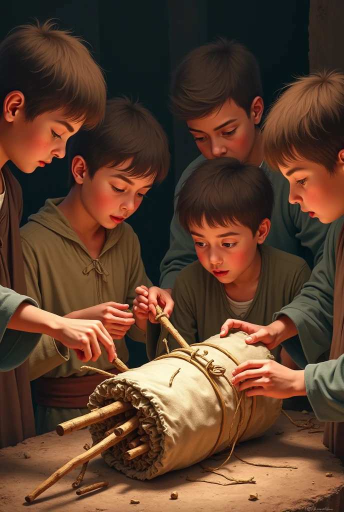 Give me a picture on the screen Then the sons untie the bundle and take one stick each."