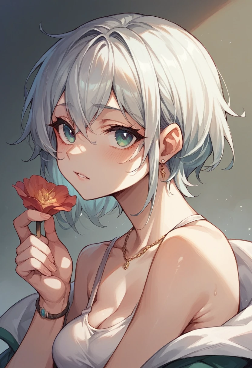 1girl,solo,mysterious,vivid color,shiny, cherry blossoms, close up, short white-blue hair with bangs, red eyes, full body, naked, nude, exposed breasts, small boobs, midriff, exposed midriff, exposed boobs, exposed nipples, sweaty, lying down, face up, embarrassed face,