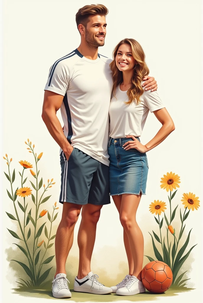 couple , man is soccer coach , man wearing sportswear , man is handsome, woman wearing white shirt and jean skirt, she wearing white sneakers, stand , watercolors , football