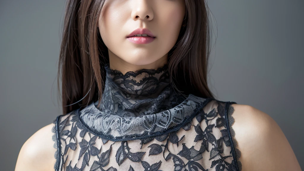 (Detailed face),vivid,Grey(Lace fabric)Sleeveless turtleneck,4K,Ultra-high resolution,(Photorealistic:1.7),Gray background,Black long hair,
