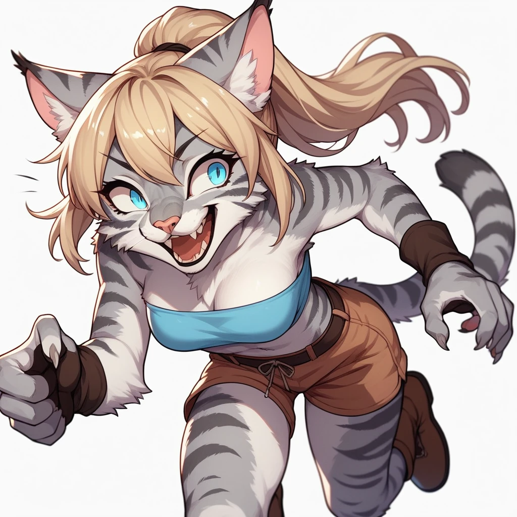 score_9,score_8_up,score_7_up, score_6_up, score_5_up, source_anime, kemono style, Kat, female Anthro furry feline, silver fur, grey stripes on body, constricted eyes, blue eyes, long blonde hair, hair in a ponytail, pink nose, :3, she is wearing blue bandeau, brown short shorts, brown boots, running, pouncing, claws out, attacking pounce, black slotted pupils, big smile, feline teeth, full body shot, full body in frame, white background, looking away, laughing maniacally,
