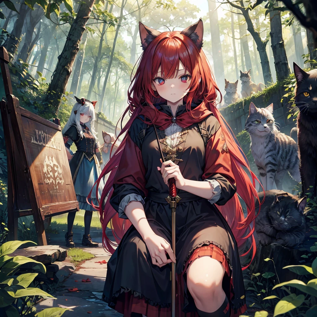 {{{wonderland, grim}}}, five girls, forest, wolf, red hood, cat, devil, (queen), (((alice, faily tales, dwarf))