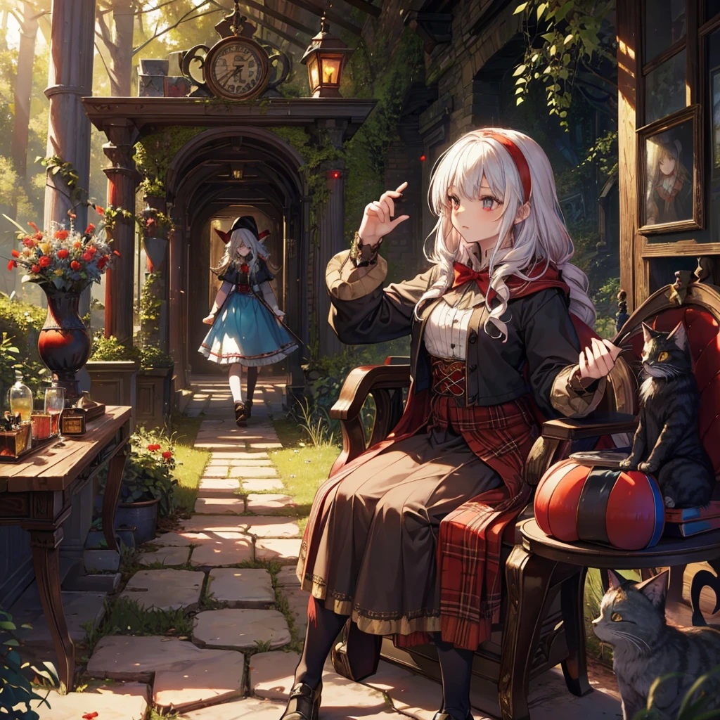 {{{wonderland, grim}}}, five girls, forest, wolf, red hood, cat, devil, (queen), (((alice, faily tales, dwarf))
