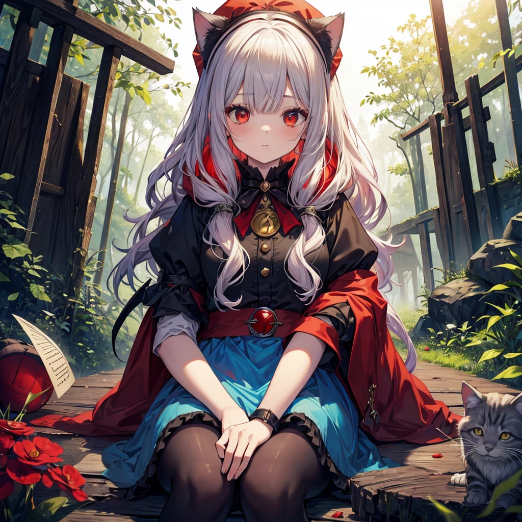 {{{wonderland, grim}}}, five girls, forest, wolf, red hood, cat, devil, (queen), (((alice, faily tales, dwarf))
