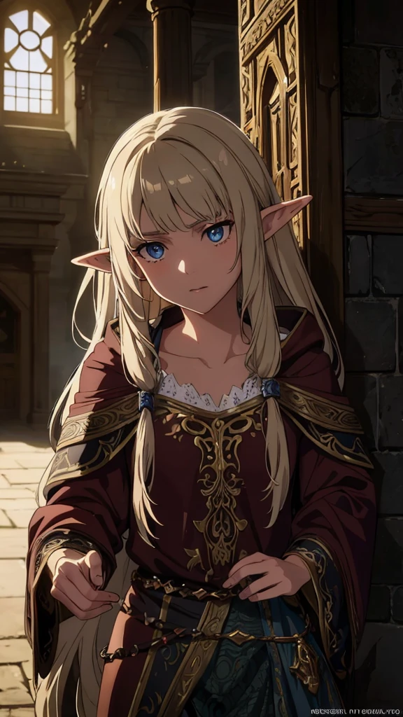 Blonde elf woman, wears slave clothes, a chain of slaves that tightens his neck and has a lost look, He is located in an old and dirty cell.