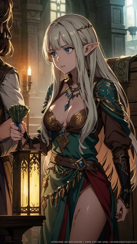 A beautiful elven girl with long flowing hair, detailed facial features, wearing tattered and dirty clothes, being led to an auction in a fantasy kingdom, intricate fantasy architecture, moody lighting, highly detailed, cinematic, dramatic, 8K, photorealistic, masterpiece