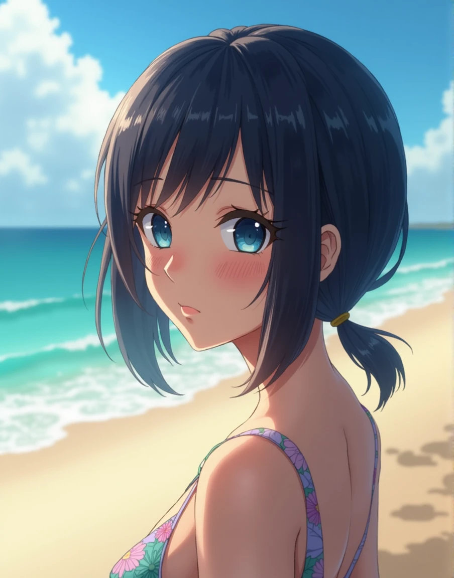 Hyperrealistic Hinata Hyuga with a beach background 