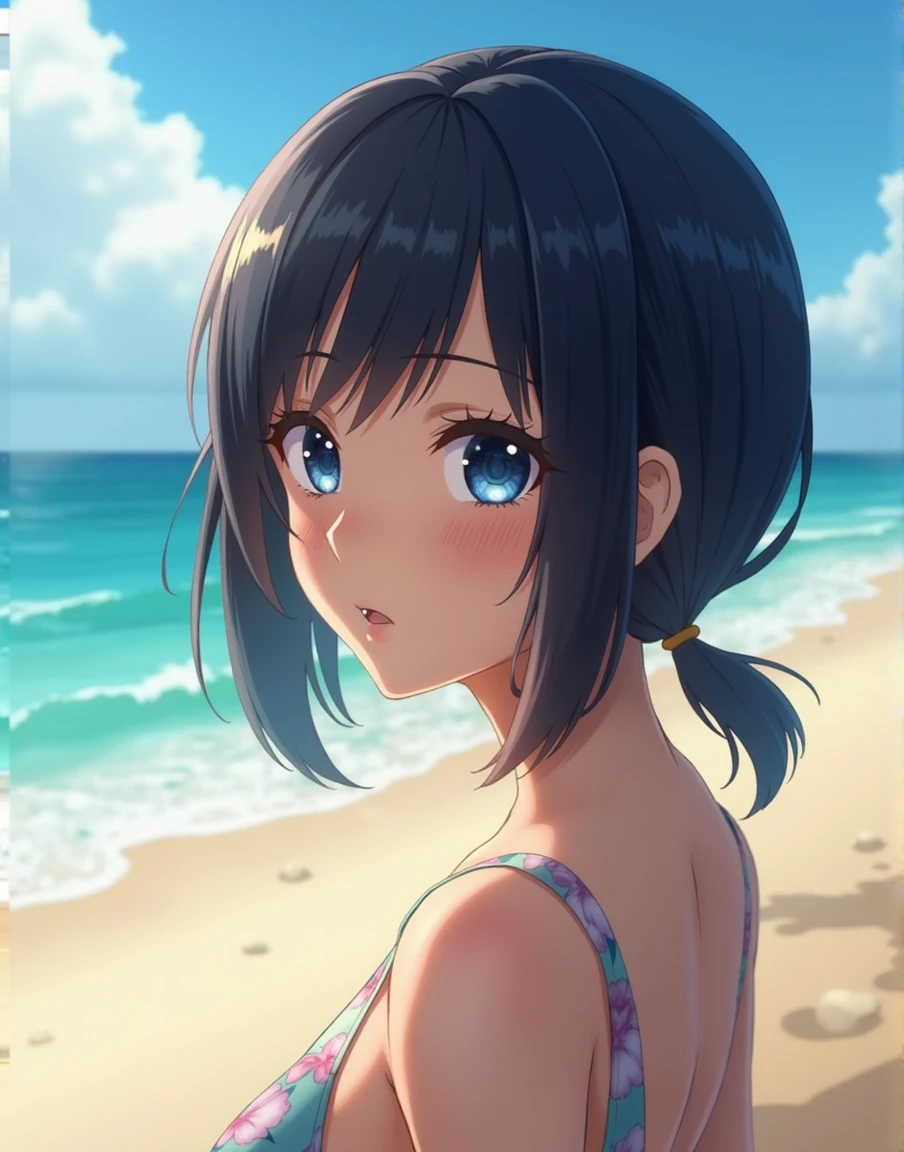 Hyperrealistic Hinata Hyuga with a beach background
