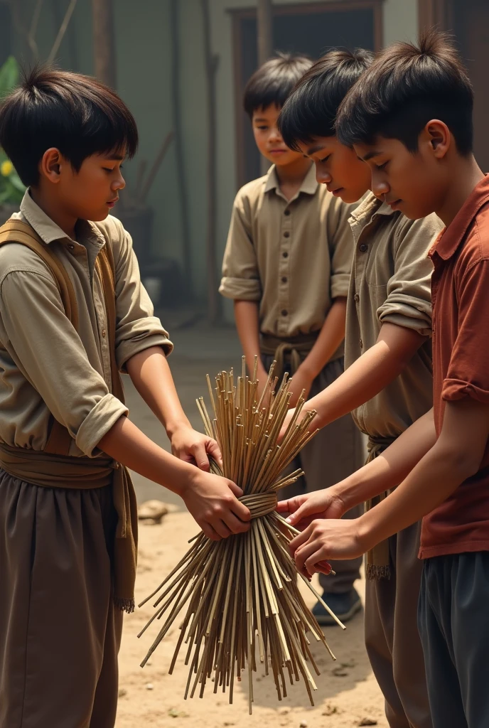 Give me a picture on the screen Then the sons untie the stick bundle and take one stick each."