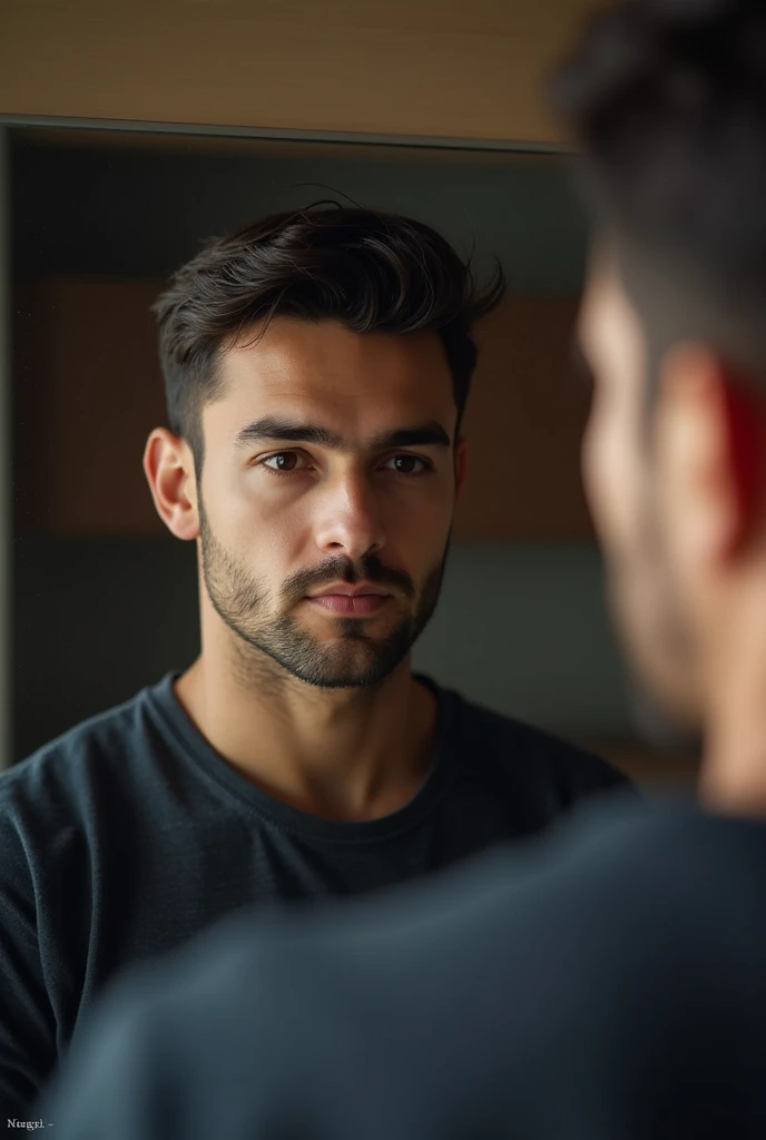 A man looking at his reflection in the mirror