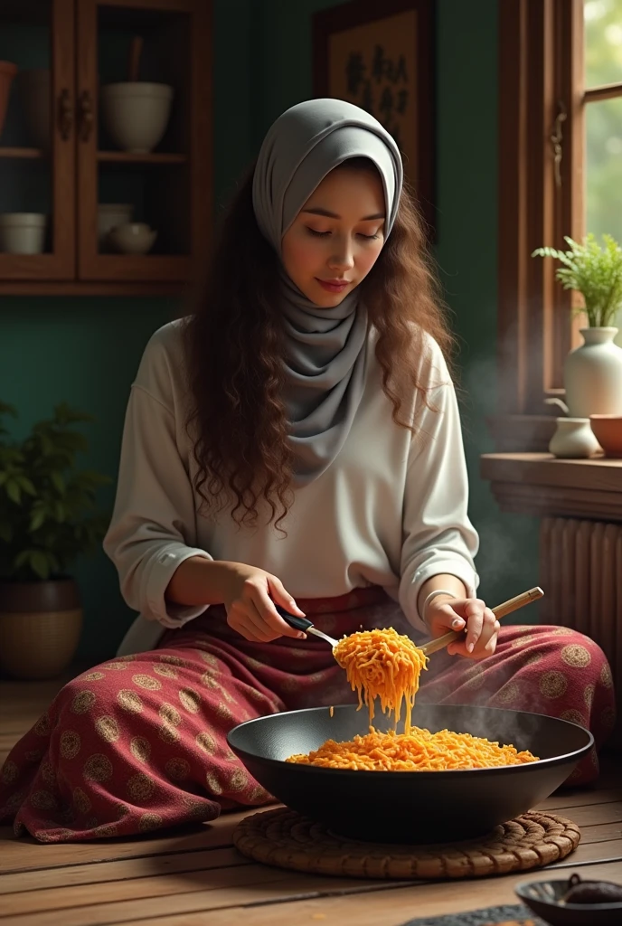 1.2), beautiful hijab malay woman, sitting on floor, wearing loose shirt and a batik sarong, long curly hair, soft lighting, , cozy room, relaxed pose, realistic, intricate details, warm colors, is pouring a meal into a wok in a tradition wooden plank kitchen