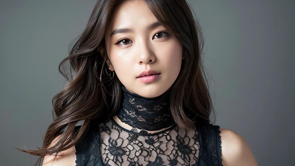 (Detailed face),vivid,Grey(Lace fabric)Sleeveless turtleneck,4K,Ultra-high resolution,(Photorealistic:1.7),Gray background,Black long hair,