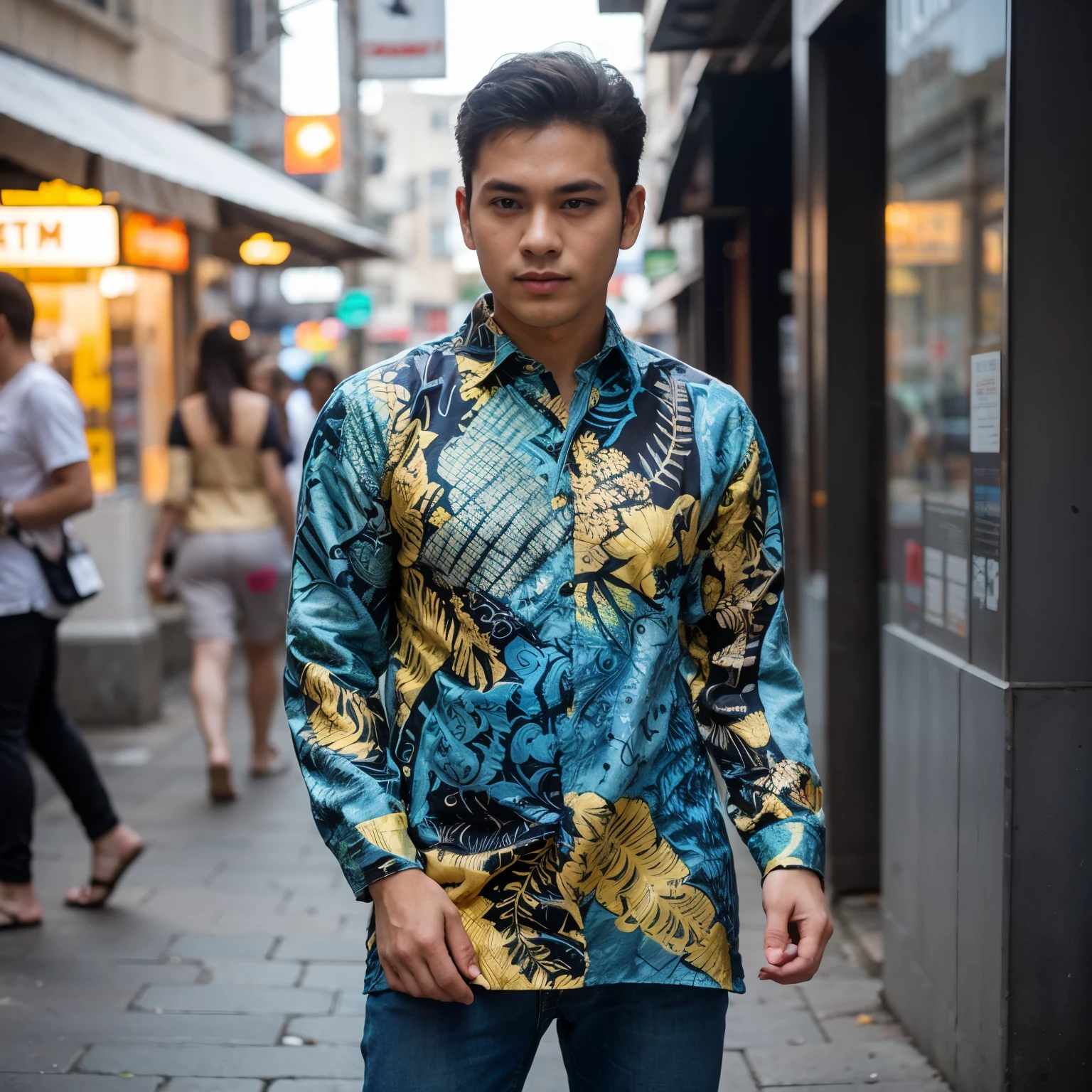 The man is batik dress green and yelow bright color dressed in a formal batik dress and jeans, creating a casual yet fashionable look at the city