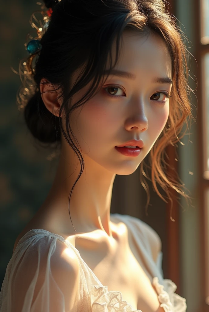 An elegantly dressed Japanese woman in natural light、A close-up of her chest and calm expression.、It shows her inner peace and outer charm.。The melted girl cries exquisitely.