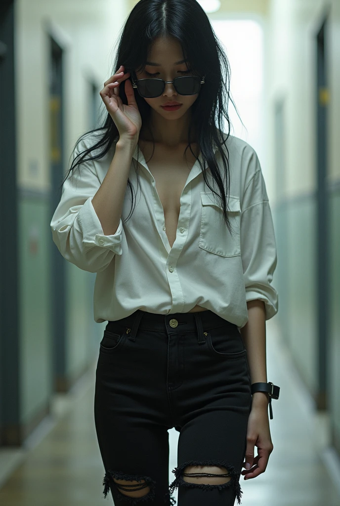 A girl with watch in hand, white shirt, half unbuttoned shirt, unbuttoned shirt sleeves, torn black pants, black sunglasses, age about 17